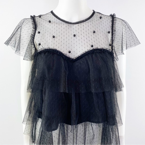 Zara Women's Black Sheer Mesh Lace Layered Short Sleeve Ruffle Top Size XS - Picture 7 of 9